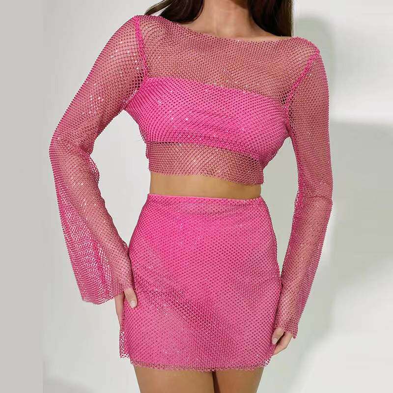 欧美风性感网布亮片吊带上衣短裙套装Mesh sequin top skirt suit