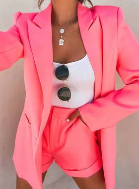 Fashion casual Lapel cardigan上衣短裤西装套装气质女装开衫