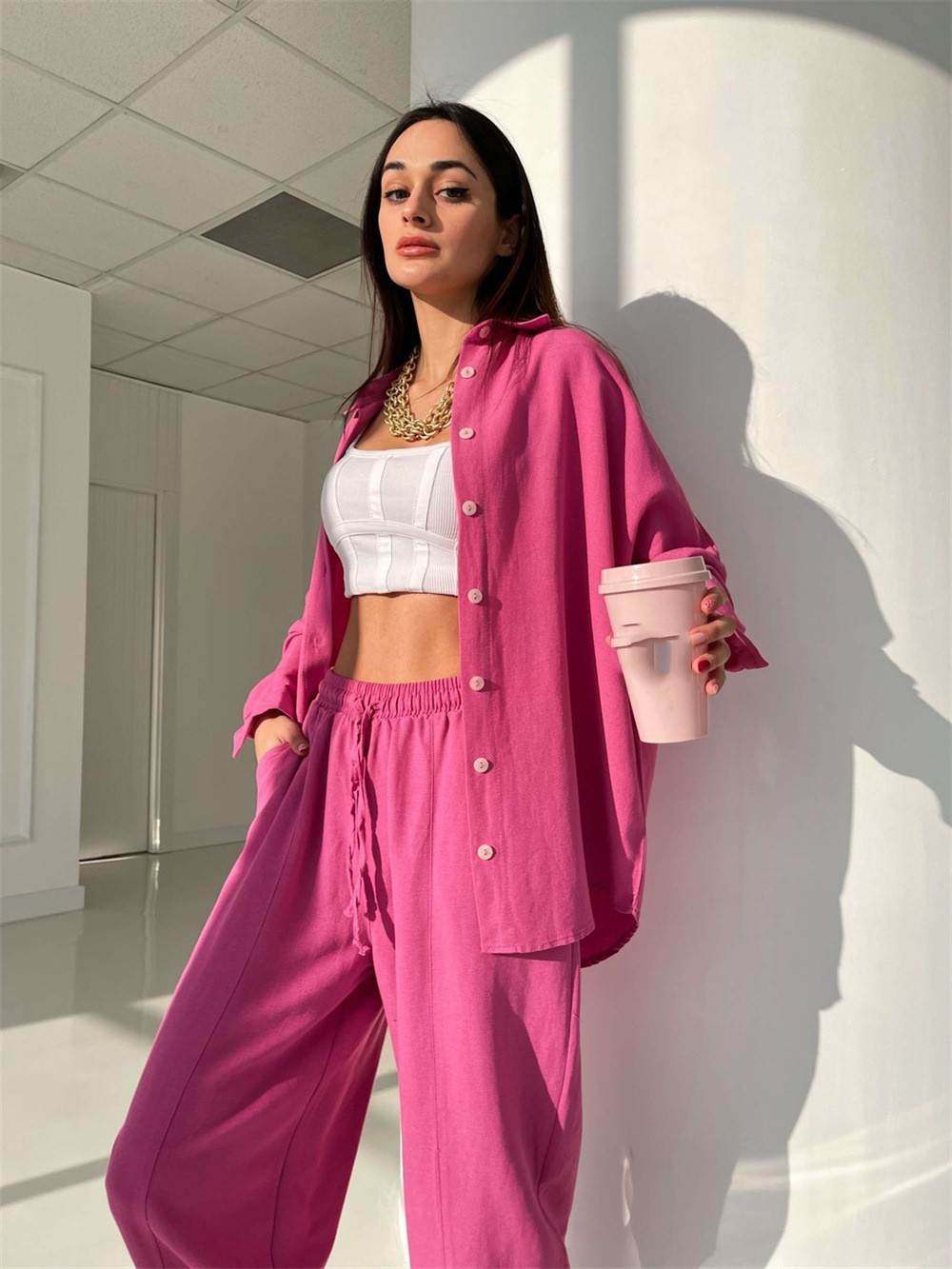 Casual Shirt Top &amp; Pants Set休闲沙滩长袖衬衫上衣哈伦裤两,女装/女士精品,时尚套装,淘宝优惠券,粉丝福利购,淘宝优惠卷