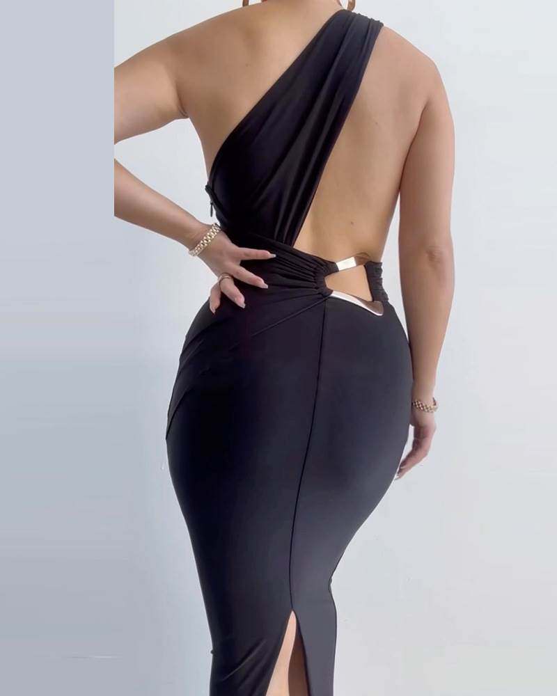 欧美单肩露背设计紧身包裹中长裙 one-shoulder backless dress