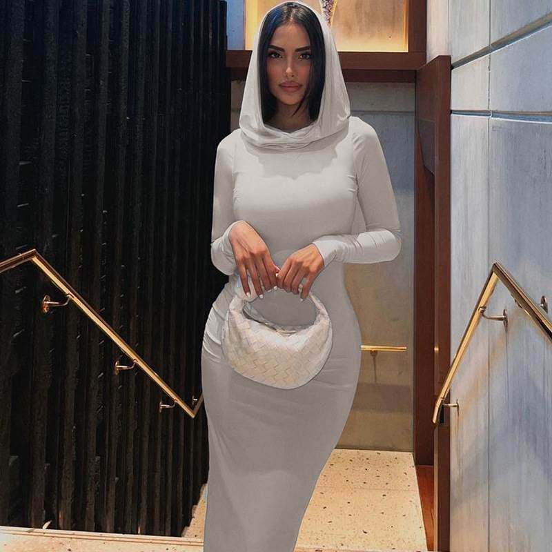 纯色连帽后背开叉连衣裙潮Hooded Split Back Long Sleeve Dress