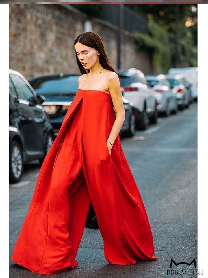 一字肩抹胸连体裤女时尚街拍红色拖地长裤 潮Red Jumpsuits pants