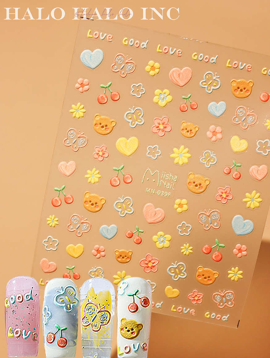 美甲贴纸小熊心形蝴蝶花朵车厘子