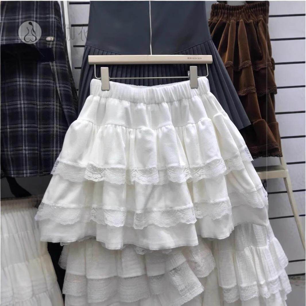 秋冬甜美减龄白色芭蕾风半身裙女高腰松紧蓬蓬裙蕾丝蛋糕裙短裙女