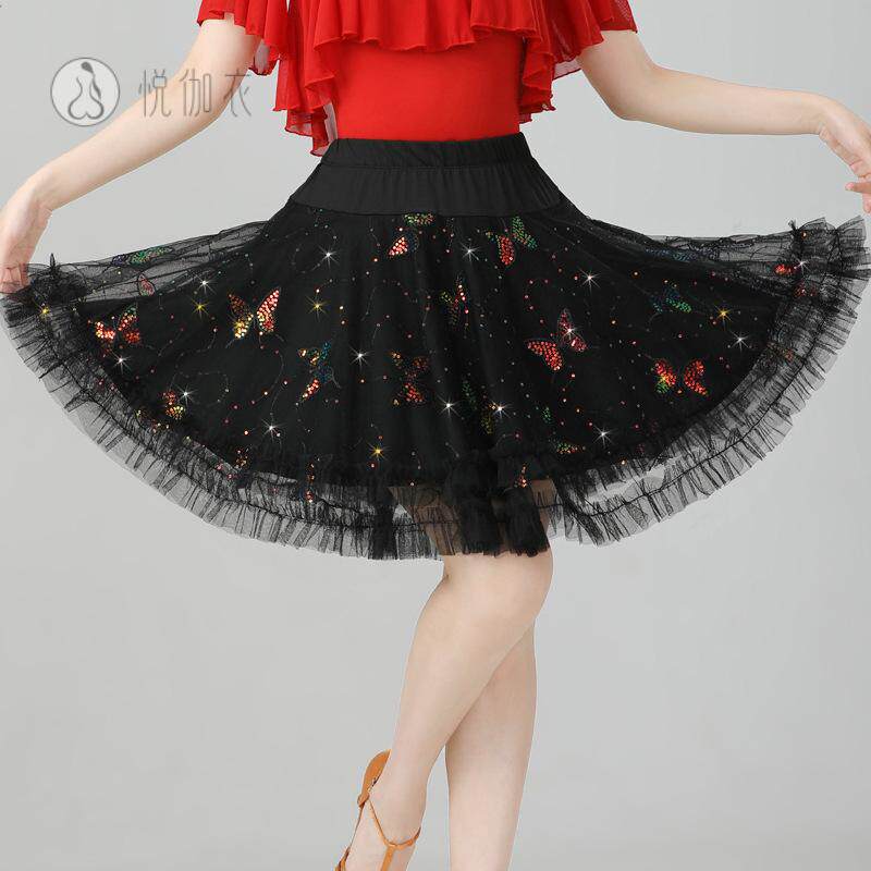 新款广场舞春夏半身裙裙网纱亮片大摆裙跳舞蓬蓬裙半身裙舞裙
