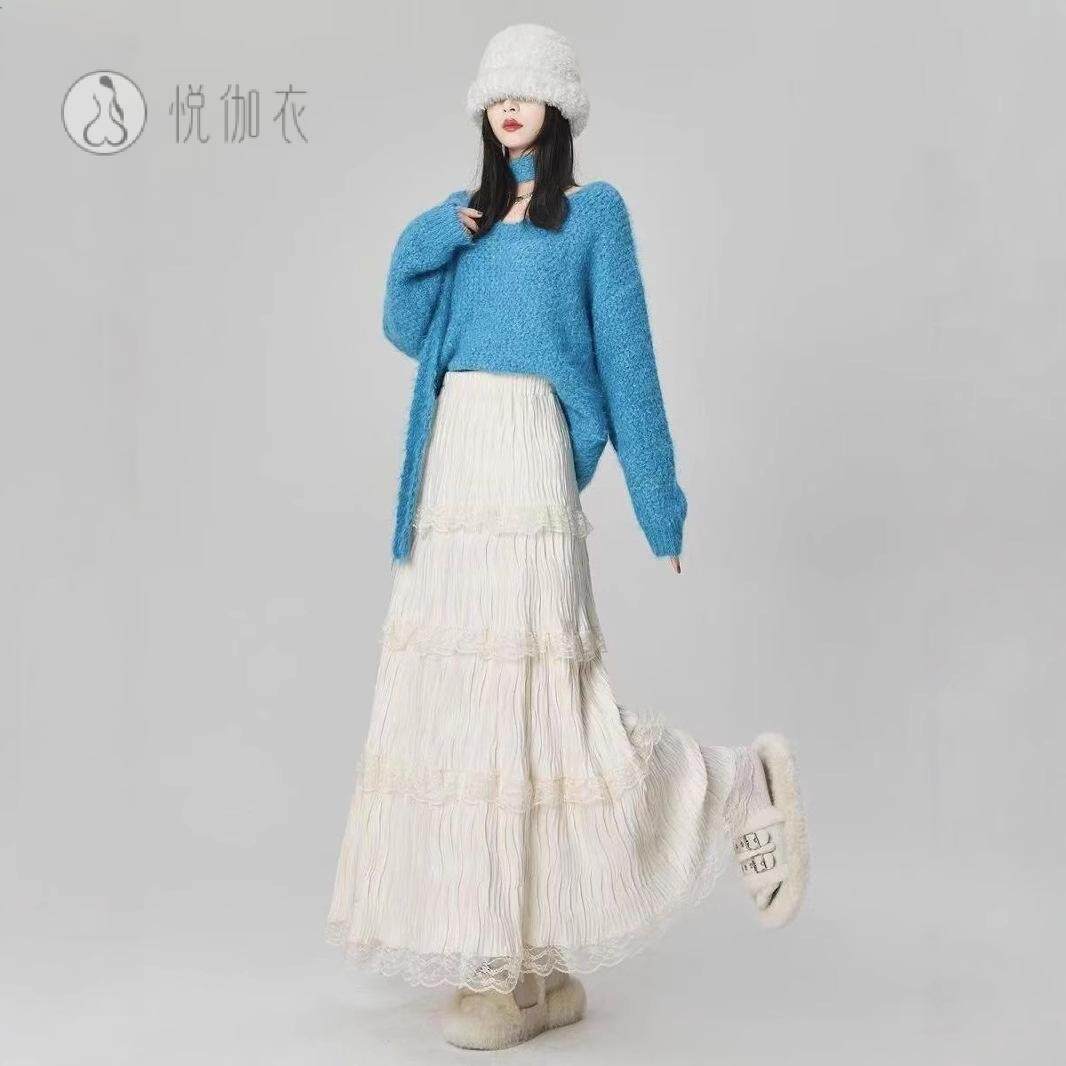 白色蕾丝拼接半身裙春季2025新款温柔风仙女a字长裙丝绒大摆伞裙