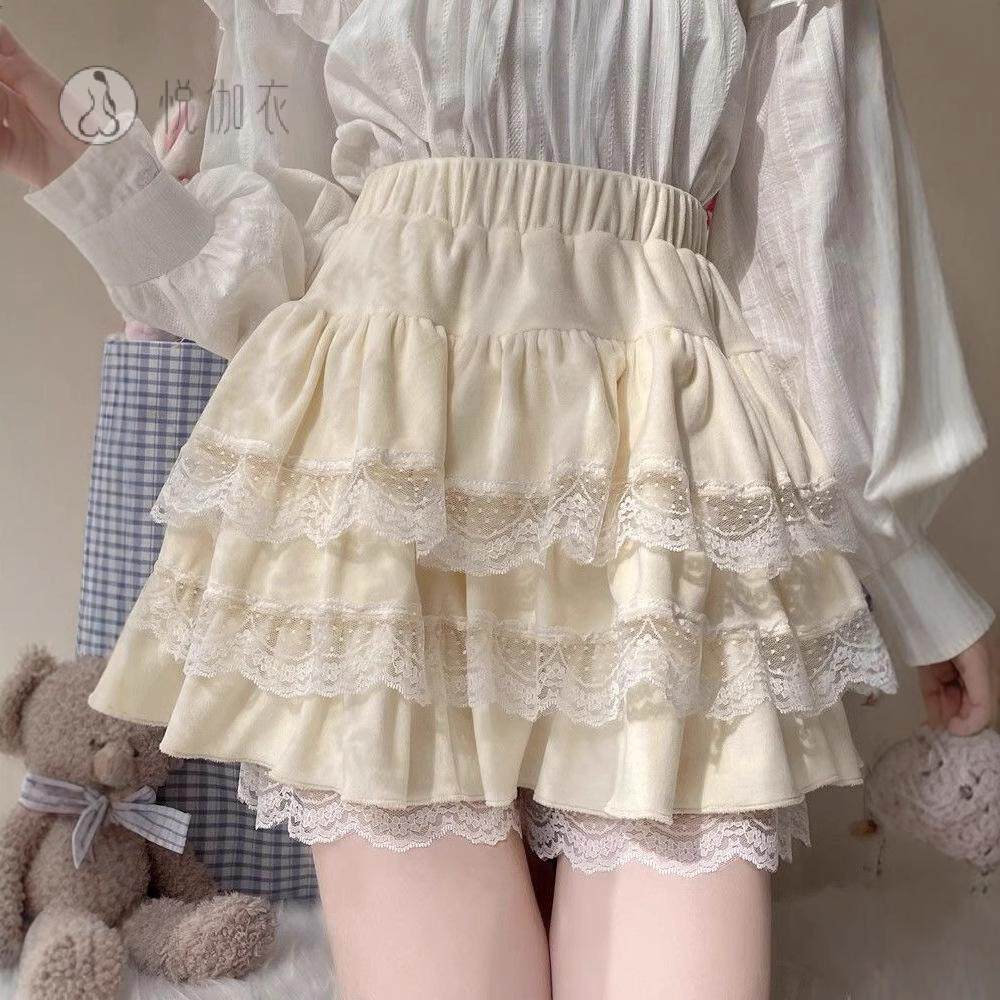春冬甜美减龄白色芭蕾风半身裙女高腰蓬蓬裙蕾丝蛋糕裙内衬防走光