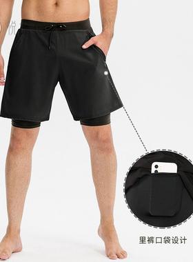 男士松紧运动短裤速干弹力篮球跑步双层假两件口袋健身裤11410