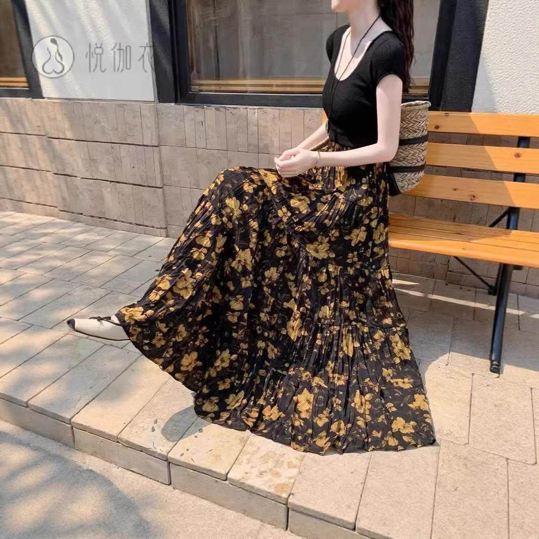 复古黄色碎花蛋糕裙女夏拼接飘逸