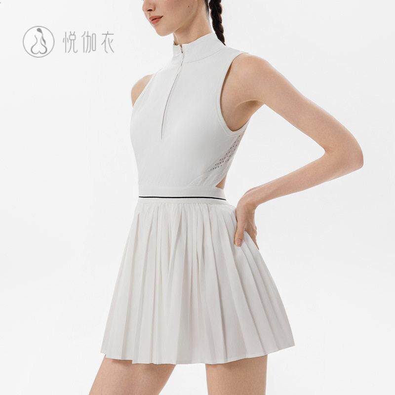 新款网球裙女白色百褶防走光网球服美背假两件专业羽毛球裙子运动