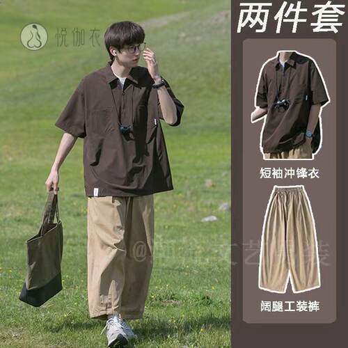 日系Polo衫短袖男潮牌复古工装风