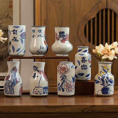 景德镇陶瓷花瓶青花手绘粗陶花器中式客厅博古架装饰品仿古摆件