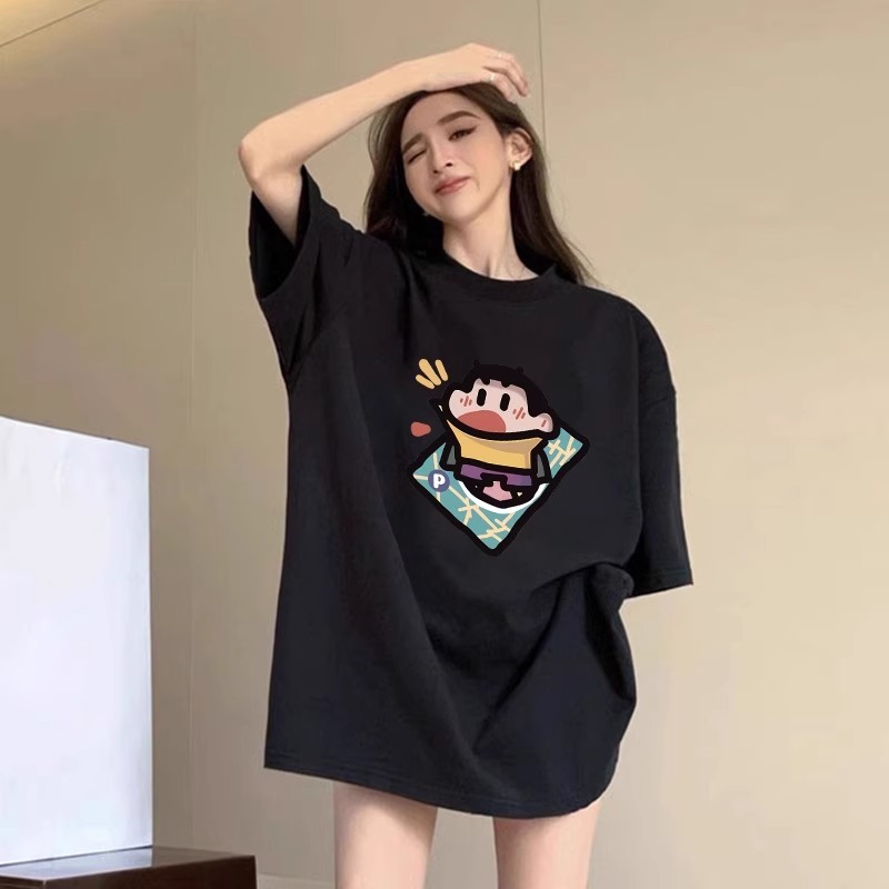 欧货大版黑色洋气卡通动漫印花短袖t恤女夏宽松中长款遮屁股上衣