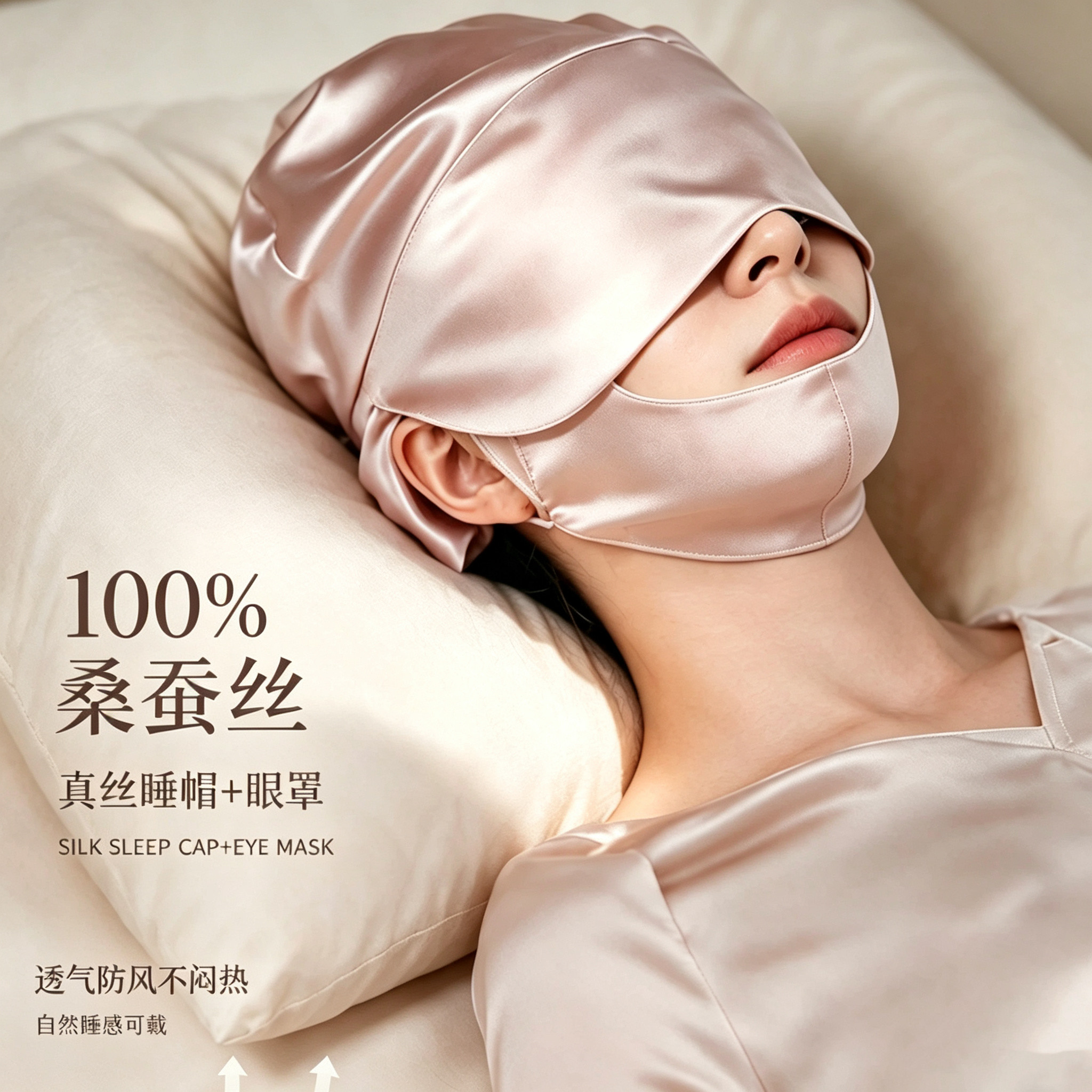 真丝睡帽眼罩一体女款桑蚕丝发帽晚上睡觉戴防乱发不勒头遮光睡眠