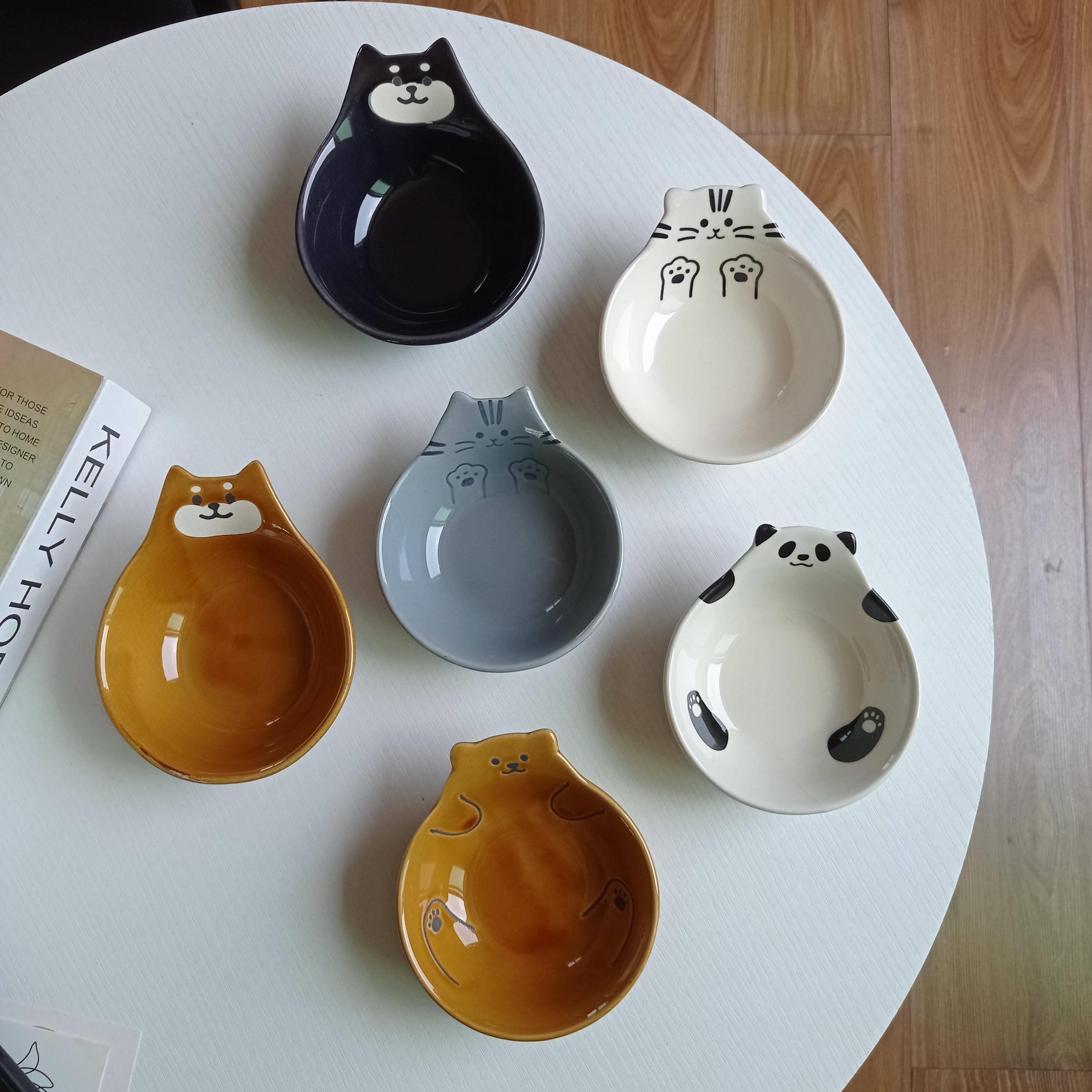 日单 陶瓷单柄纳豆碗 可爱动物造型儿童碗蘸料碗熊猫猫咪柴犬碗