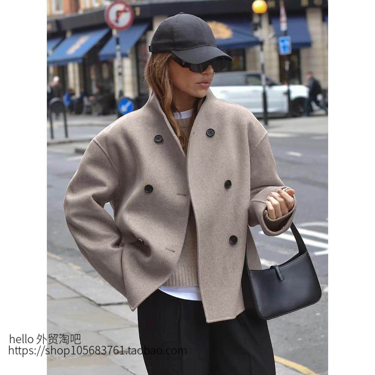 欧美新款女装宽松双排扣毛呢外套 Double breasted woolen jacket