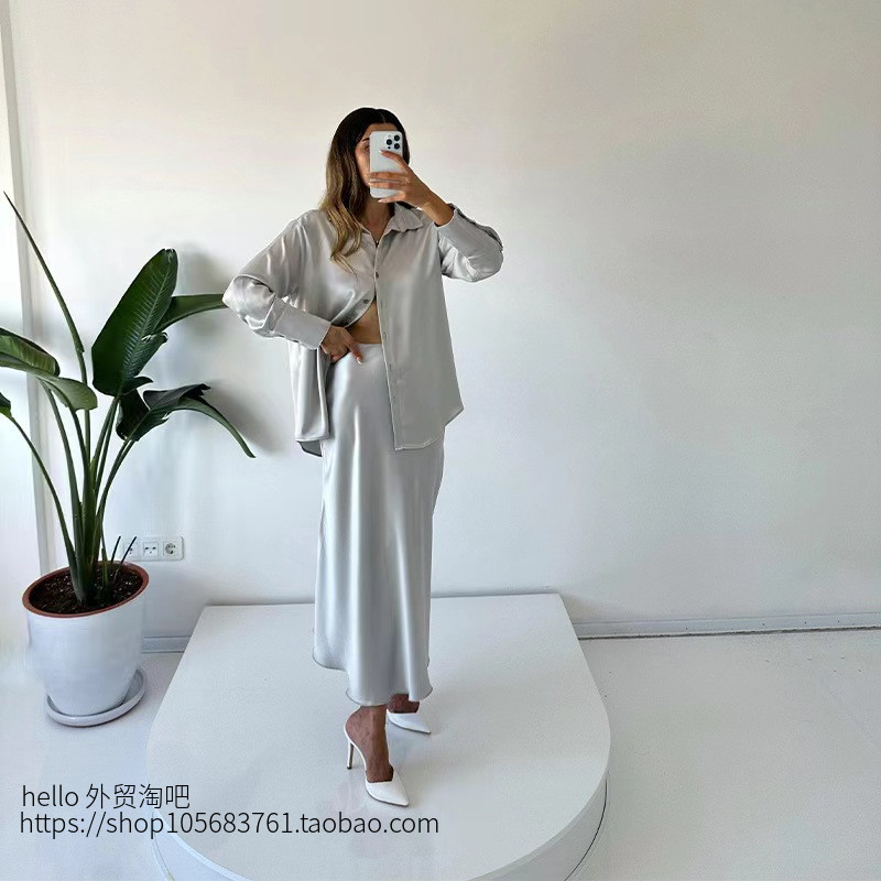 欧美新款缎面气质长袖衬