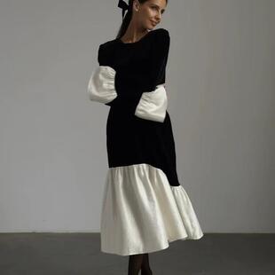 法式风韩国绒拼接圆领喇叭袖连衣裙Splicing flared sleeve dress