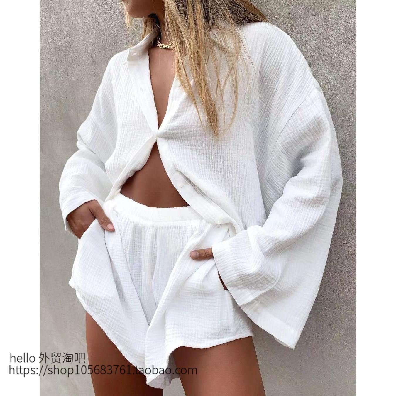 欧美风宽松长袖衬衫短裤套装Loose fitting shirt and shorts set
