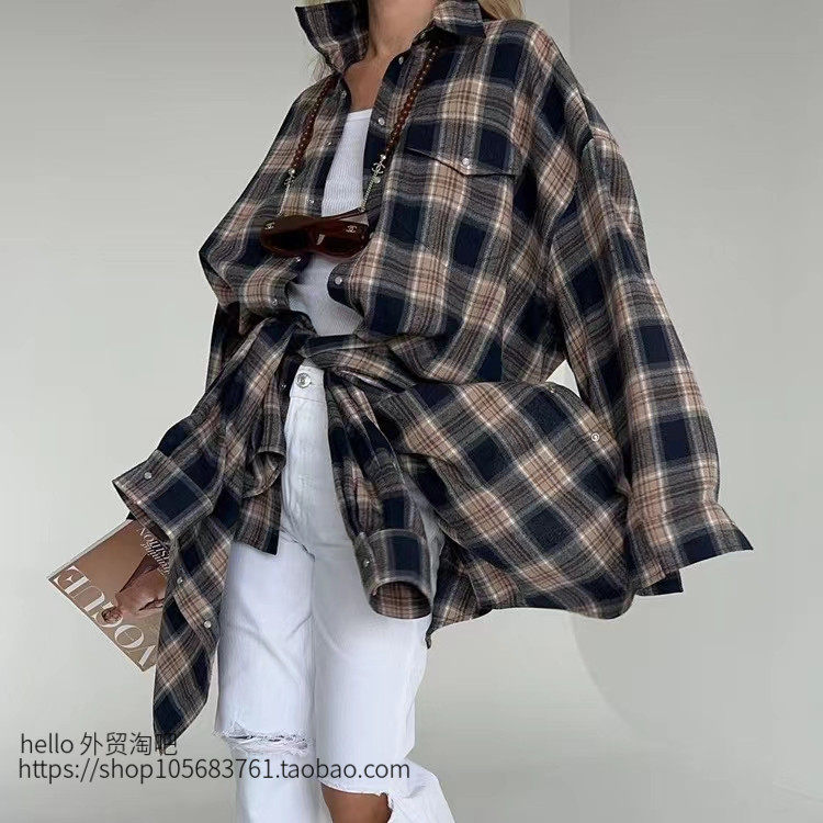 欧美风新款复古格子衬衫宽松衬衣 Checkered loose fitting shirt