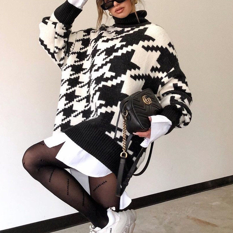 Geometric houndstooth knitted casual retro pullover sweater