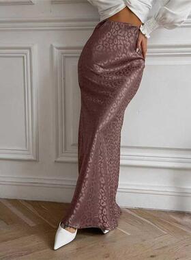 欧美风新款包臀提花豹纹半身裙High waisted leopard print skirt