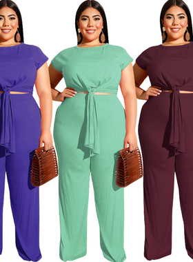 Big size Women summer casual t-shirt trousers suit top pants