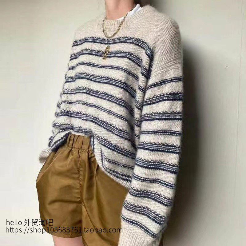 欧美风新款时尚条纹圆领粗针长袖毛衣 crew neck striped sweater