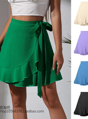 欧美风一片式系带半身裙高腰纯色荷叶边短裙Lace up ruffle skirt