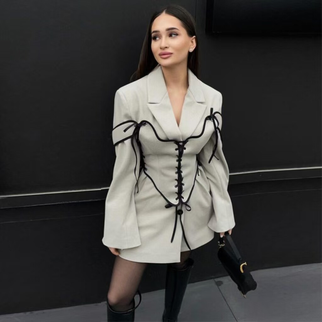 欧美风秋季西装领长袖呢子外套腰封两件套Coat and waistband set