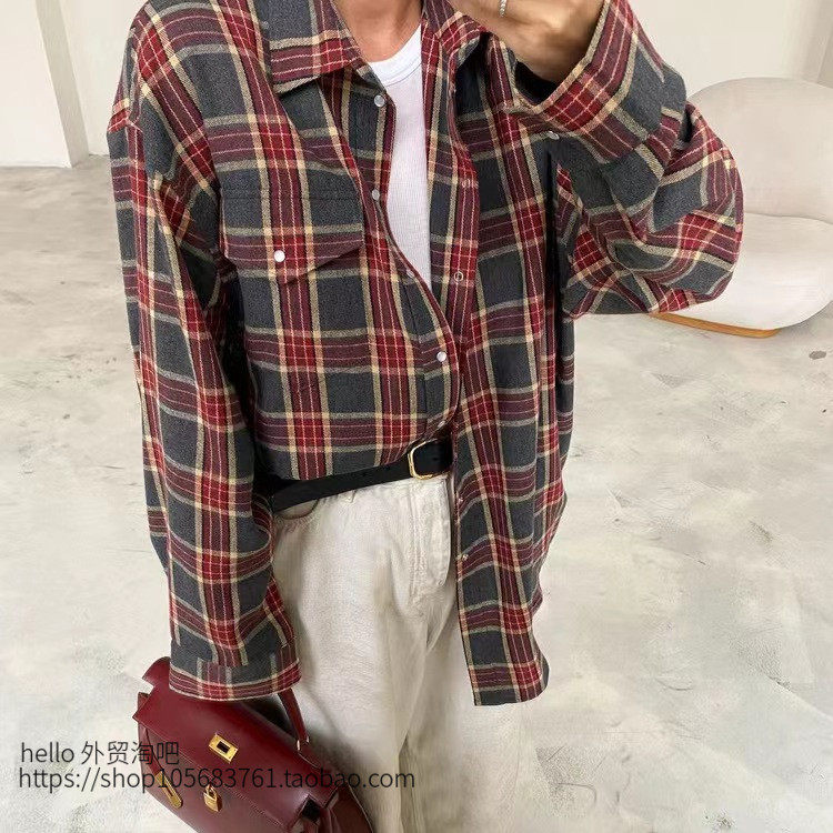 欧美风复古潮流百搭格纹宽松衬衫 Checkered loose fitting shirt