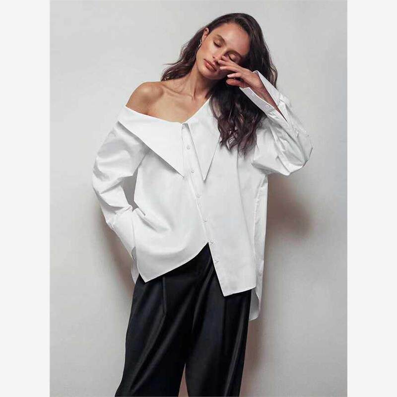 欧美新款时尚斜领性感露肩衬衫 Irregular diagonal collar shirt