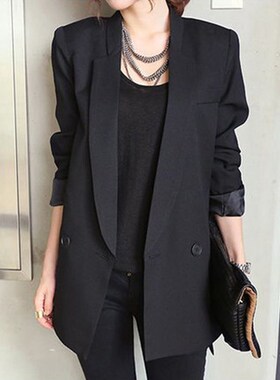 2018 Women's Solid Long Black Jacket Blazer 女士夹克西装外套