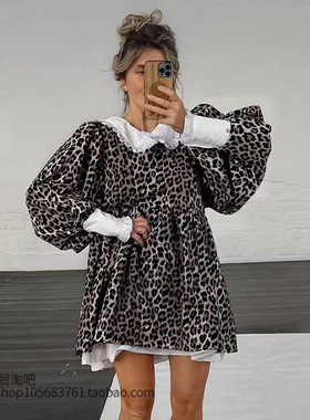 欧美风新款豹纹泡泡袖拼接荷叶边修身连衣裙 Leopard print dress