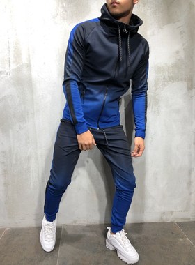 男运动套装  print zipper cardigan hip hop sports men's suit