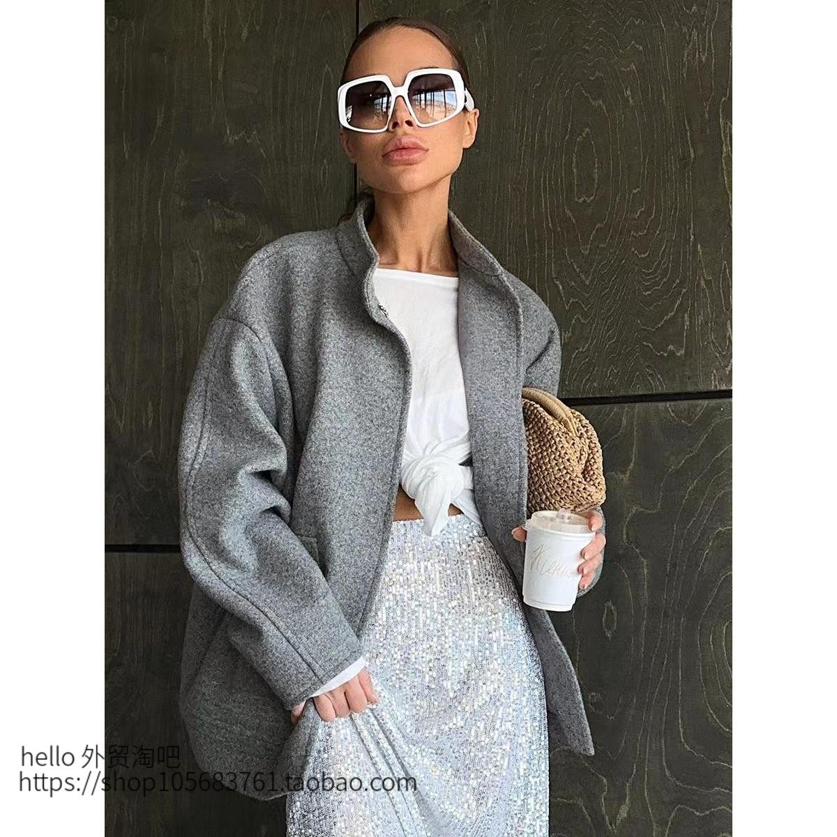 欧美风百搭上衣灰色气质立领毛呢外套Standing collar woolen top