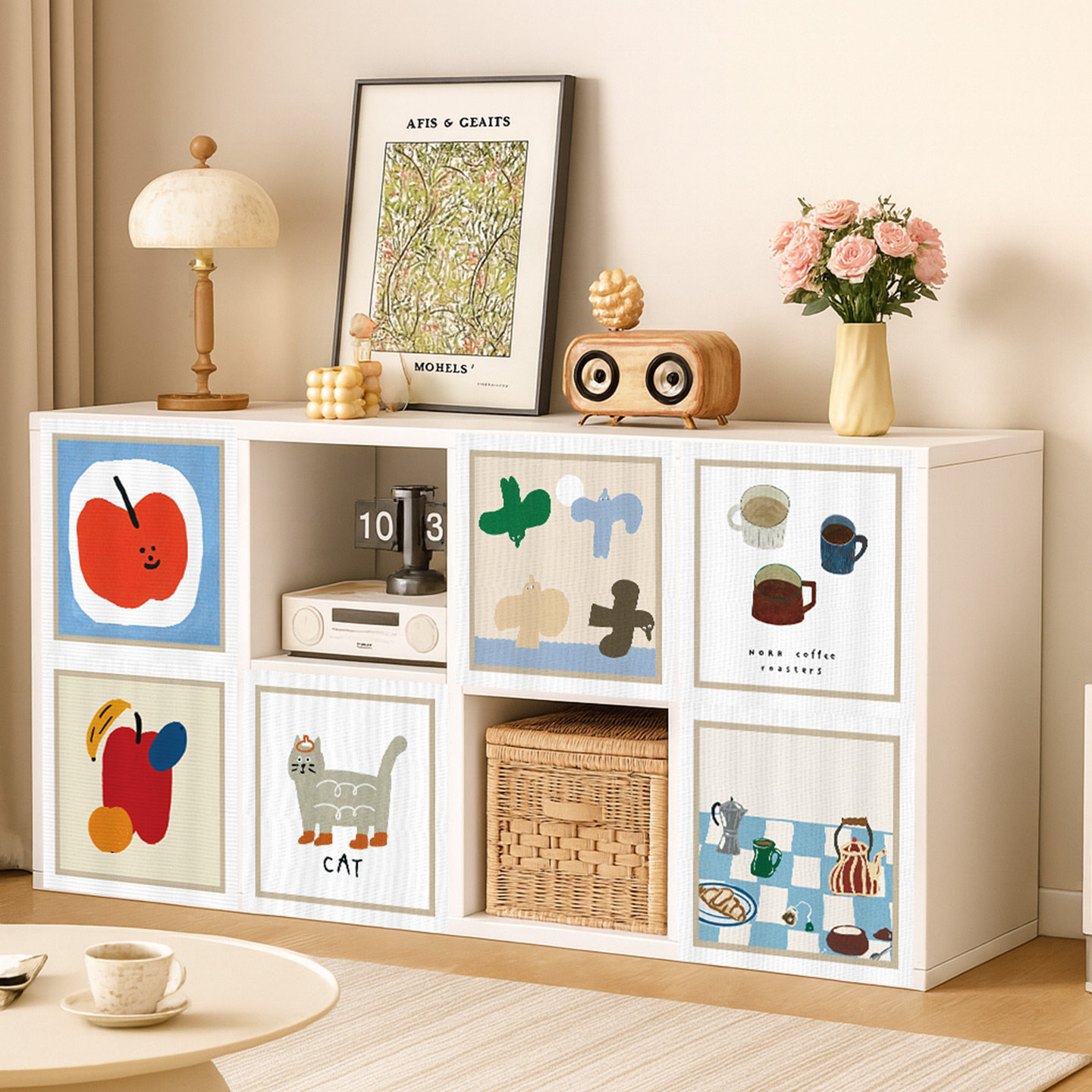 卡通简约格子装饰遮挡帘免打孔收纳储物柜格子柜子帘免打孔魔术贴,居家布艺,门帘,淘宝优惠券,粉丝福利购,淘宝优惠卷