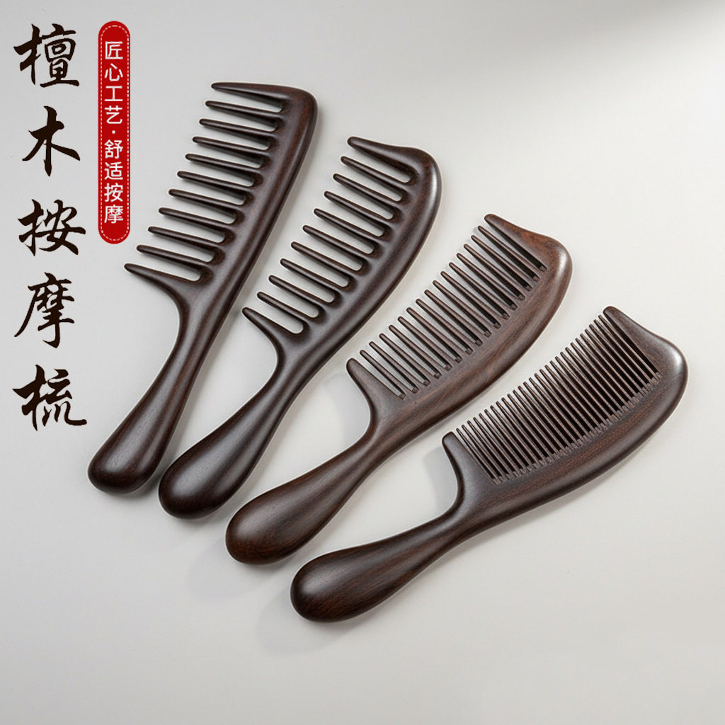 黑檀梳子宽齿细齿按摩梳美发梳家用 静电头皮按摩梳母亲节礼盒装
