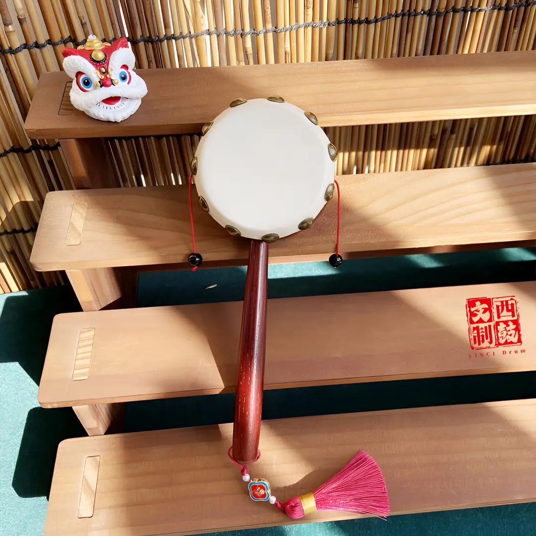 传统实木手工羊皮拨浪鼓儿童益智玩具新生儿婴儿礼物安抚哄娃Z