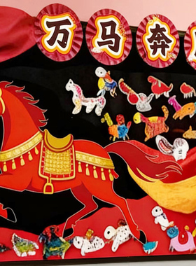 中国风马新年开学黑板报幼儿园教室班级文化主题墙贴环创布置装饰