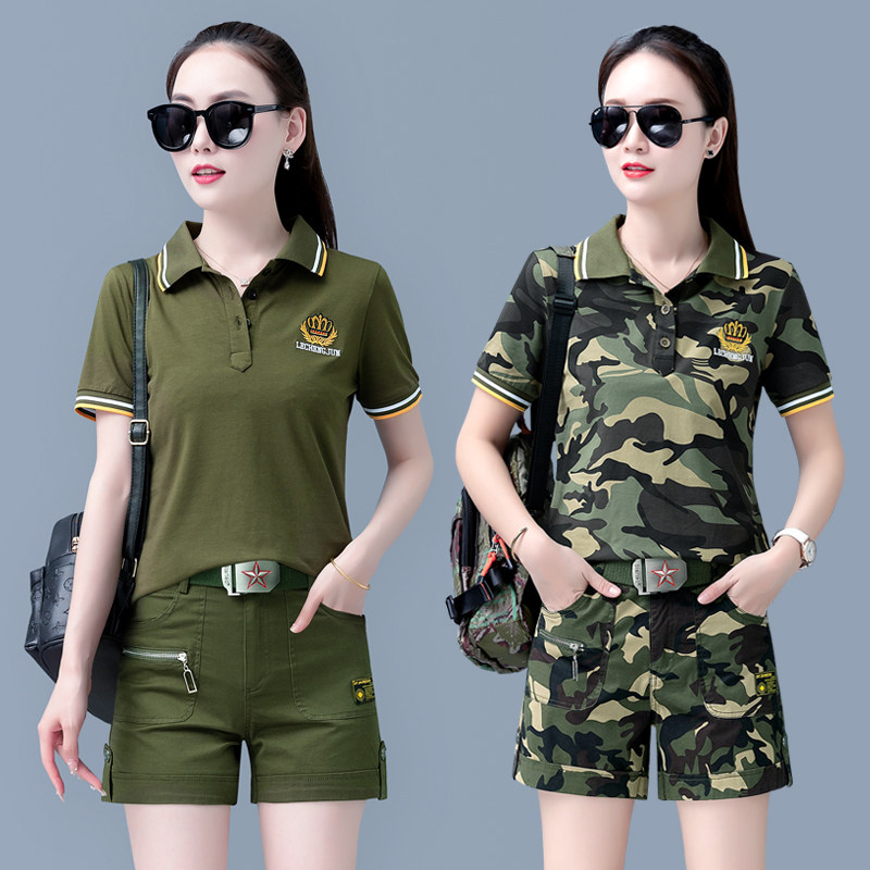 夏季薄款大码绣花短袖POLO衫两件套军绿休闲套装修身迷彩t恤女