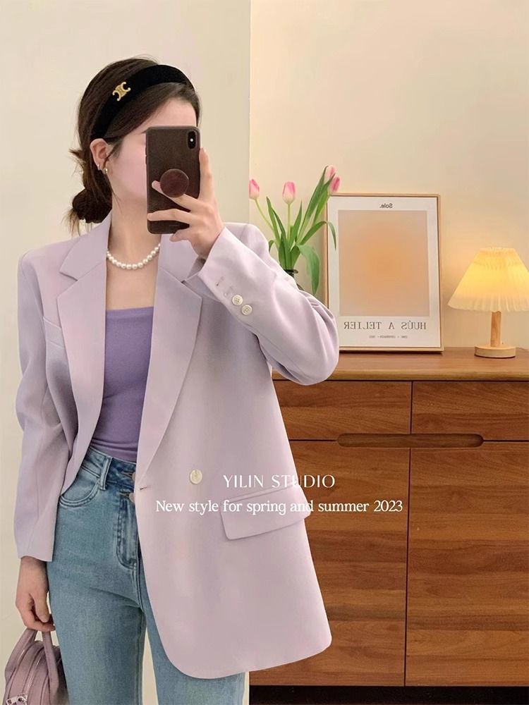 西装外套女高级感超好看韩系设计感简约小众休闲双排扣西服紫色春