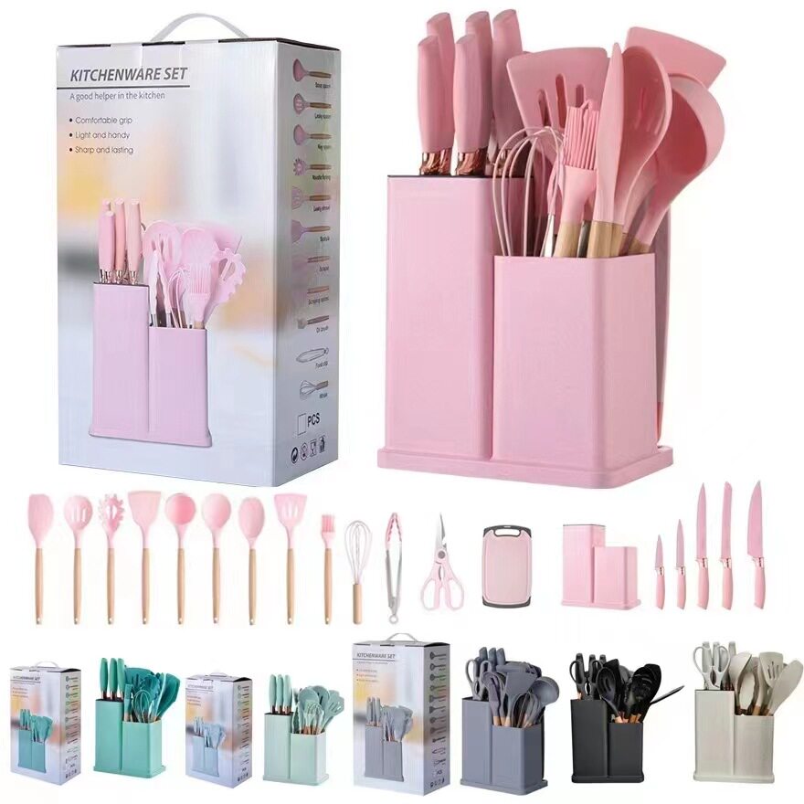 硅胶厨具19件套刀具套装麦秆菜板组合套装收纳桶厨房刀具马卡龙