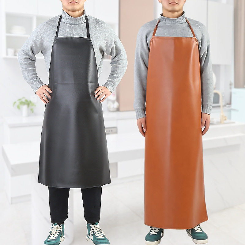 皮革防水防油PU围裙水产屠宰食品围腰成人挂脖黑色加长皮革围裙