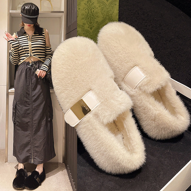 法式白色毛毛鞋女外穿2026新款秋冬一脚蹬高级感水貂毛绒豆豆棉鞋,女鞋,乐福鞋（豆豆鞋）,淘宝优惠券,粉丝福利购,淘宝优惠卷
