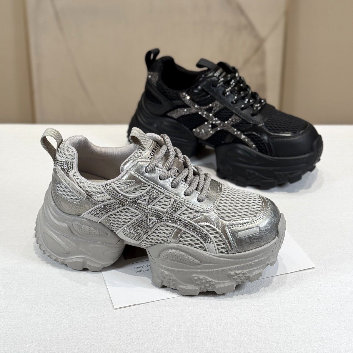 闪亮水钻~新款厚底网面老爹鞋女2026秋款小个子6cm增高休闲运动鞋