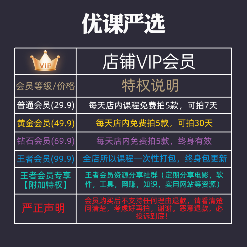 VIP店铺会员全店免费视频网课资源自学教程课程软件工具学习资料