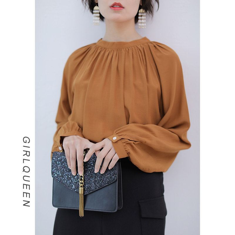 歌群气质职业衬衫女设计感小众2020春装新款百搭褶皱雪纺长袖上衣