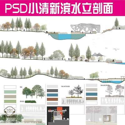 小清新PS景观剖立面公园滨水PSD彩平效果图园林植物淡雅风素材