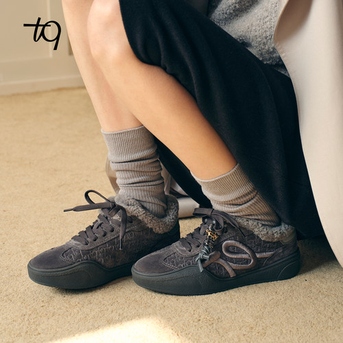 Talitaqoom雪花焦糖2025冬季新款保暖加绒厚底灰色压印德训鞋tq女